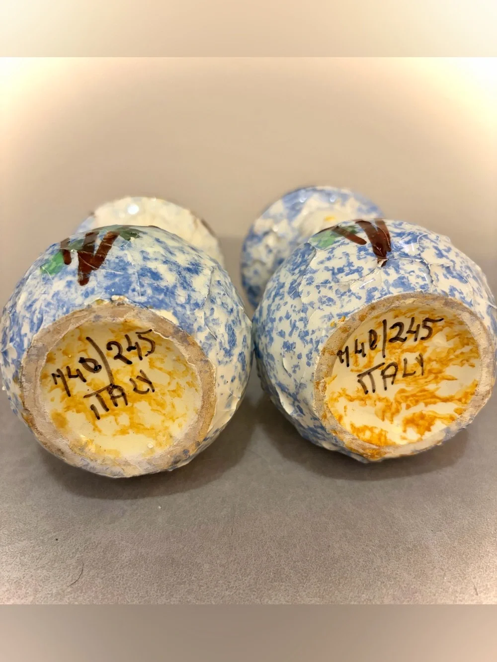 Pair Vintage Italy Hand-Painted Floral Textured Vases Blue White Signed 4.5”